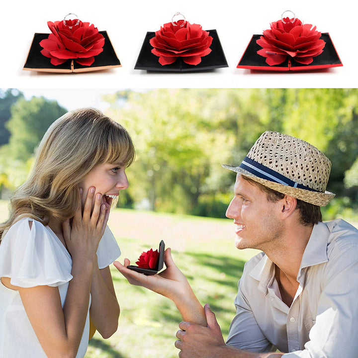 "Elegant 3D ros ringbox för speciella tillfällen, röd blomma med unik design, perfekt present för bröllop och förlovningar."