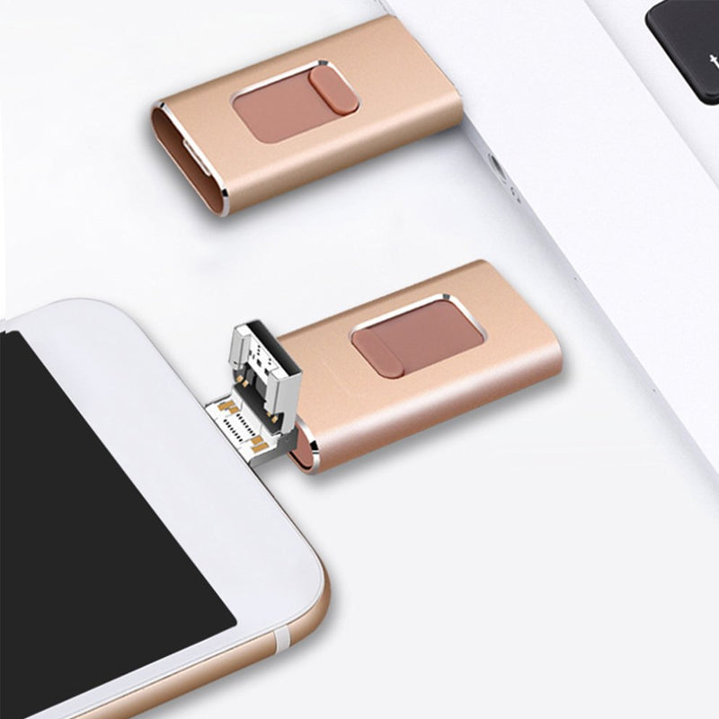 "Elegant 4-i-1 USB-minne i guld, silver, svart och rosguld - kompaktdesign och snabb dataöverföring"