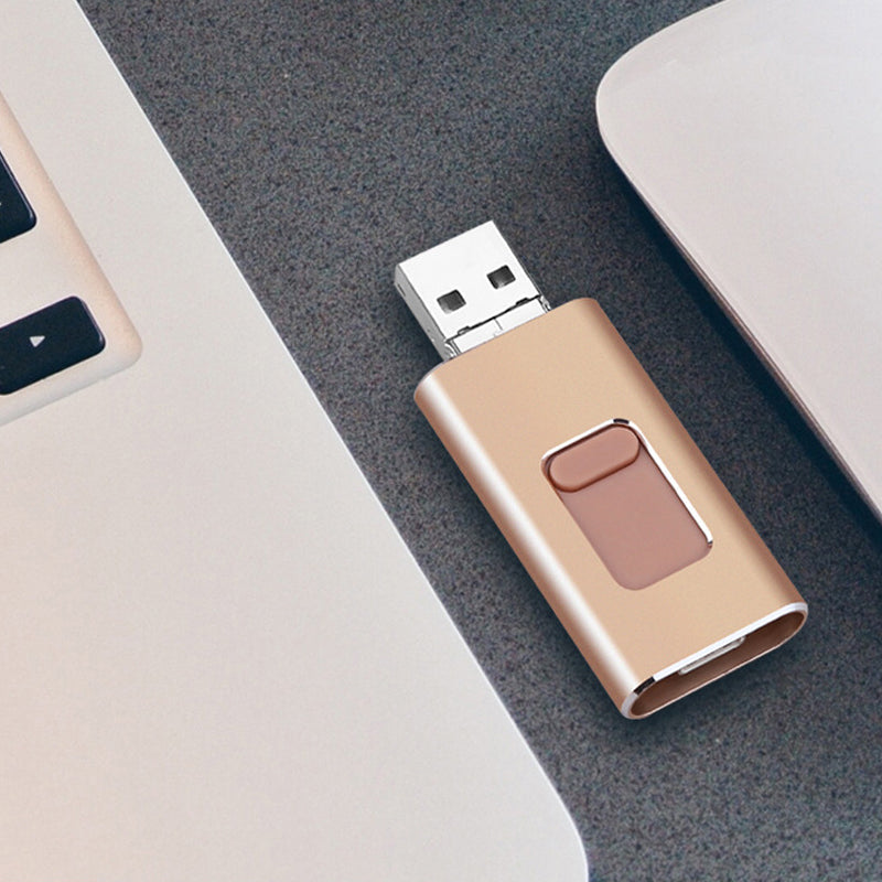 "Elegant 4-i-1 USB-minne i guld, silver, svart och rosguld - kompaktdesign och snabb dataöverföring"