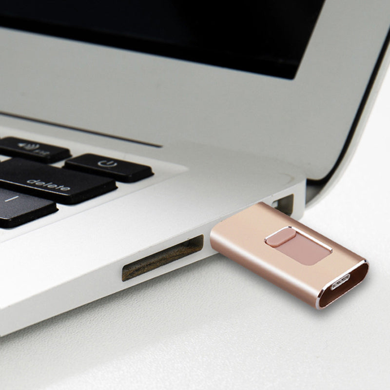 "Elegant 4-i-1 USB-minne i guld, silver, svart och rosguld - kompaktdesign och snabb dataöverföring"