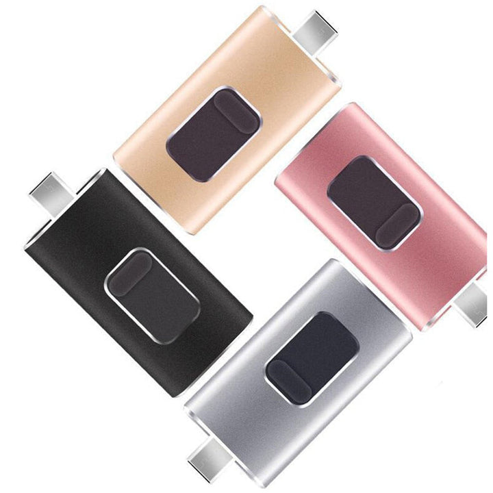 "Elegant 4-i-1 USB-minne i guld, silver, svart och rosguld - kompaktdesign och snabb dataöverföring"