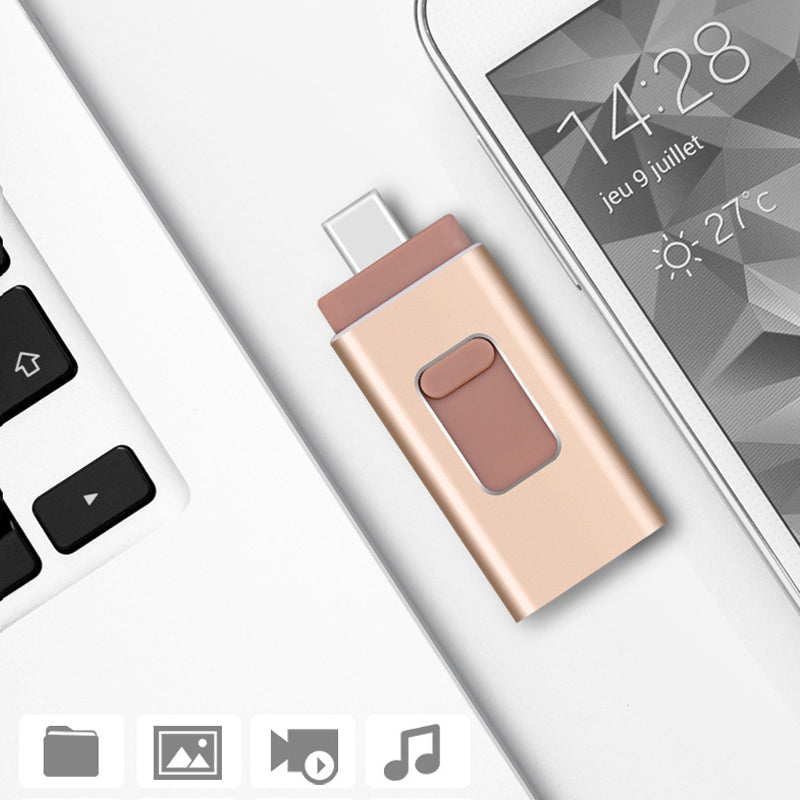"Elegant 4-i-1 USB-minne i guld, silver, svart och rosguld - kompaktdesign och snabb dataöverföring"