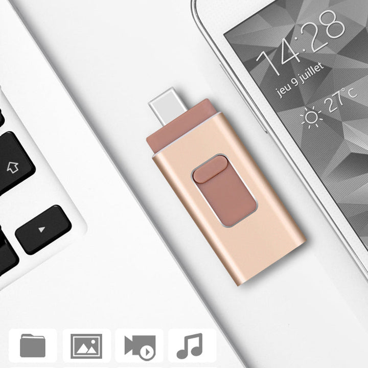 "Elegant 4-i-1 USB-minne i guld, silver, svart och rosguld - kompaktdesign och snabb dataöverföring"