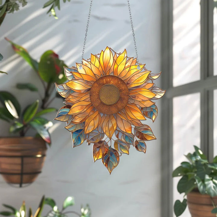 "Elegant akryl solros fönsterdekoration, detaljerad design, naturinspirerade färger, för hem eller bil, stilfull inredning."
