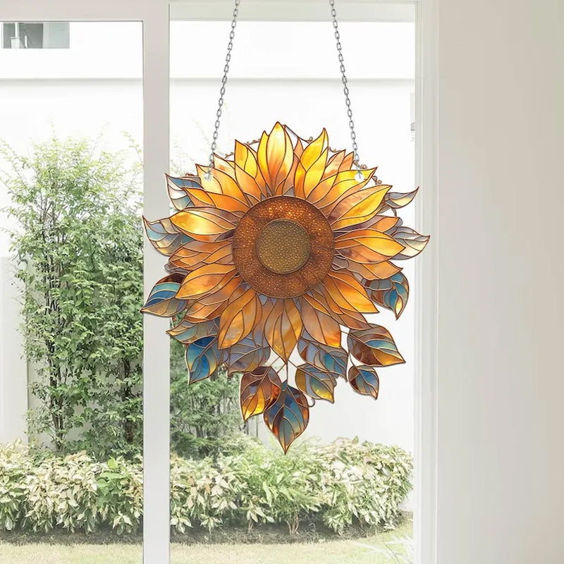 "Elegant akryl solros fönsterdekoration, detaljerad design, naturinspirerade färger, för hem eller bil, stilfull inredning."