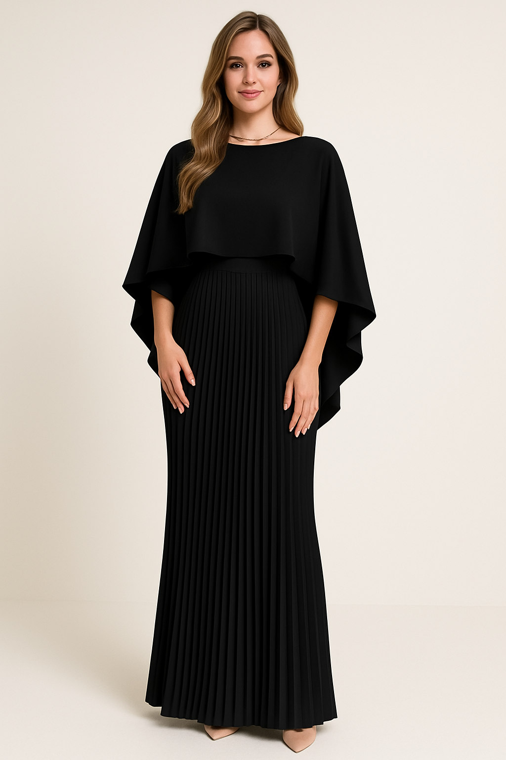 Amelie aftonklänning, elegant maxiklänning med fladdermusärmar och plisserad design för kvinnor.