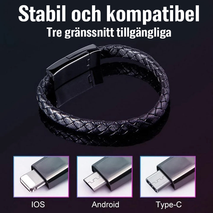 "Elegant armband i svart PU-läder med integrerad laddningskabel, perfekt för modern stil och funktionalitet."