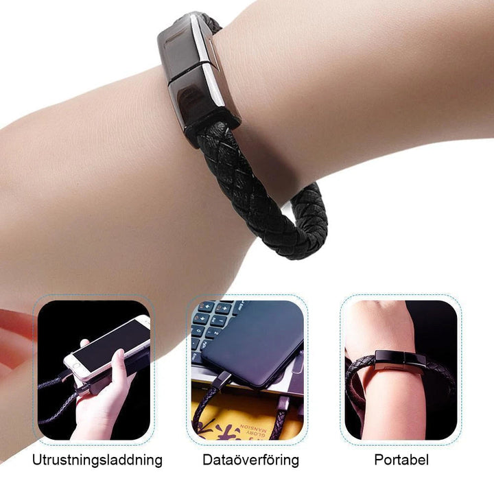 "Elegant armband i svart PU-läder med integrerad laddningskabel, perfekt för modern stil och funktionalitet."