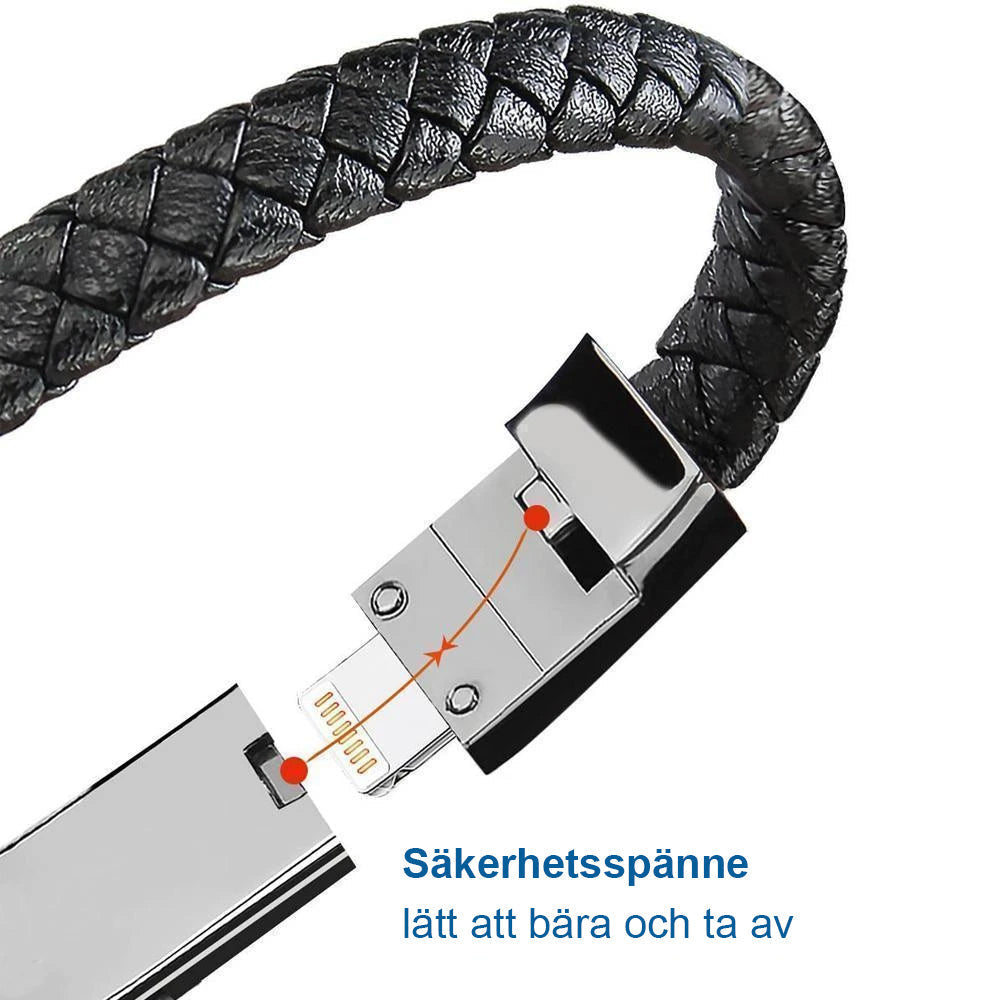 "Elegant armband i svart PU-läder med integrerad laddningskabel, perfekt för modern stil och funktionalitet."