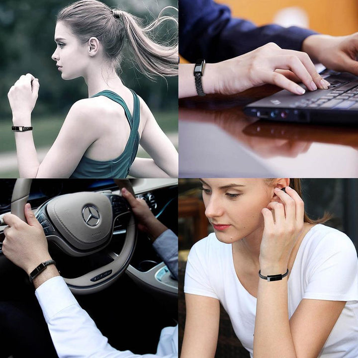"Elegant armband i svart PU-läder med integrerad laddningskabel, perfekt för modern stil och funktionalitet."