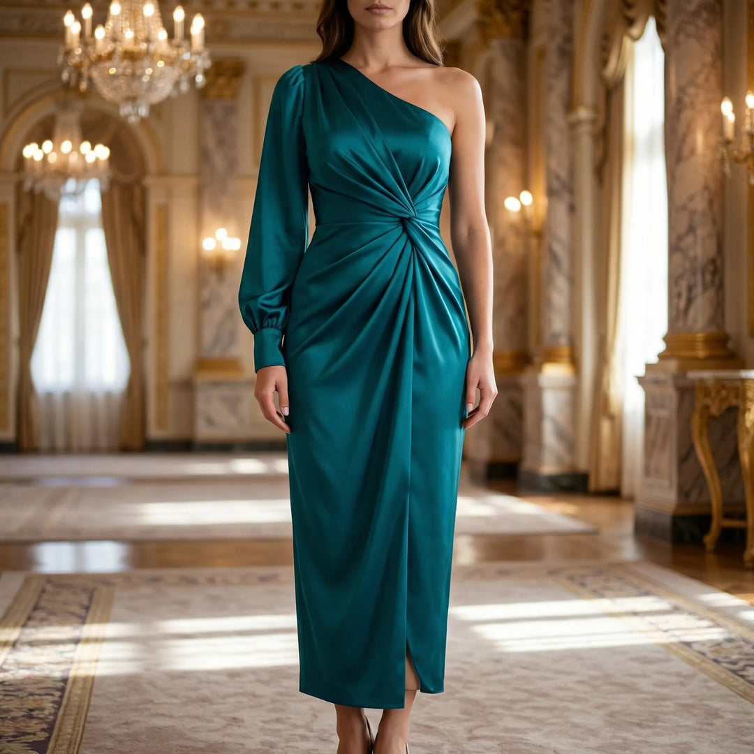 Elegant asymmetrisk aftonklänning med en ärm och sidoslits för festliga tillfällen.