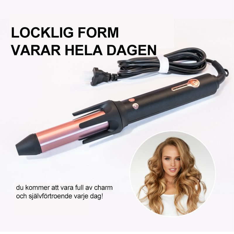 "Elegant automatisk locktång för långt hår, svart guld färg med turmalin keramik för skonsamma lockar, ergonomisk design."
