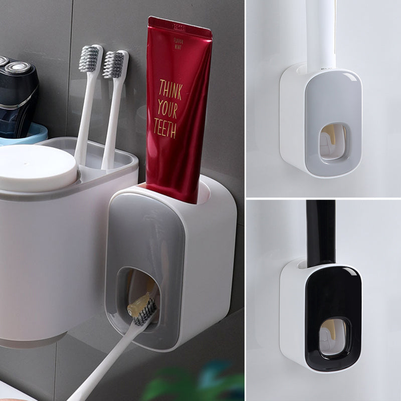 "Elegant automatisk tandkrämsklämma i modern design, sparar tid i badrummet, monteras enkelt på släta ytor."