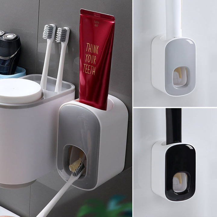 "Elegant automatisk tandkrämsklämma i modern design, sparar tid i badrummet, monteras enkelt på släta ytor."