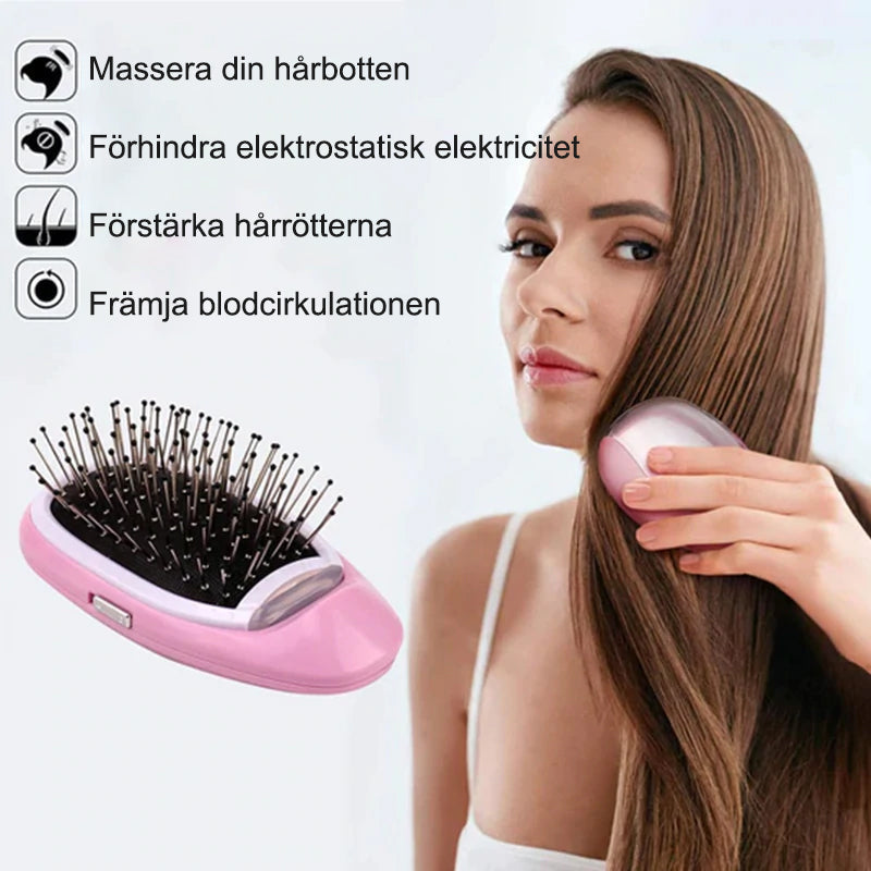 "Elegant bärbar elektrisk hårkam med negativ jon, ergonomisk form och kompakt design för mjukt, glänsande hår."