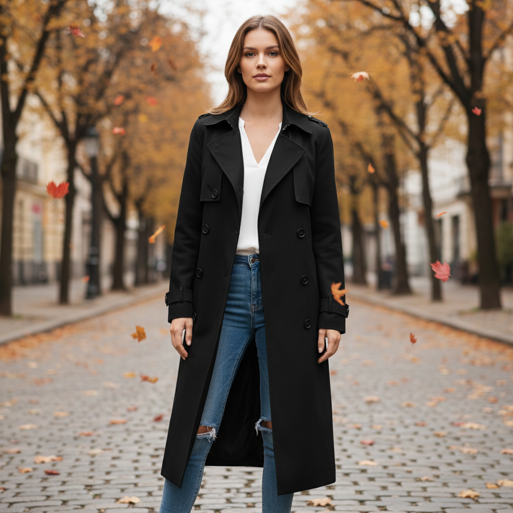 Elegant beige Fiona trenchcoat för dam. Klassisk lång kappa, perfekt ytterplagg för stilrent höst- och vintermode.