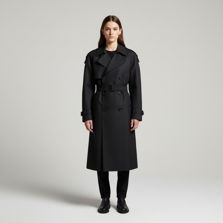Mörkgrön Fiona trenchcoat i klassisk design. Lång damkappa som ytterplagg för elegant höst- och vintermode.
