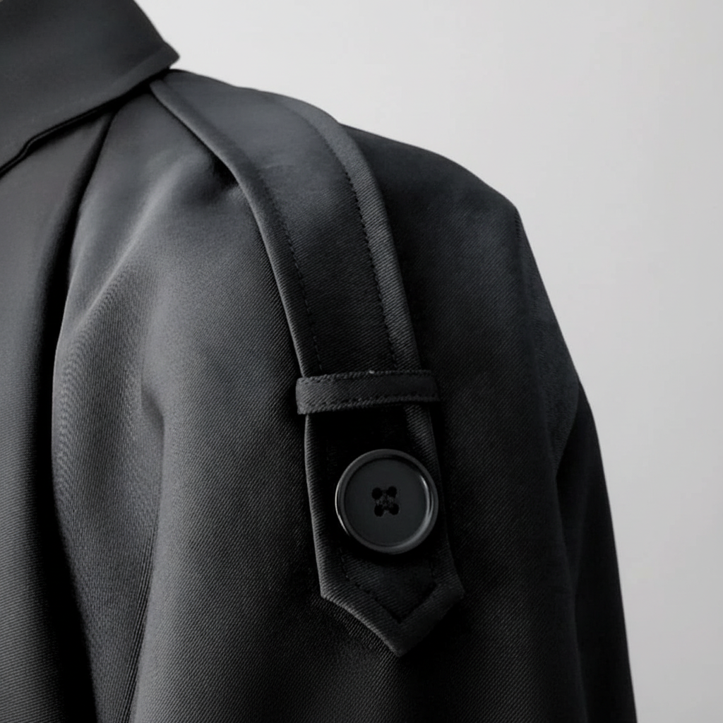 Svart Fiona lång trenchcoat, stilren damkappa. Perfekt ytterplagg för elegant höst- och vintermode.