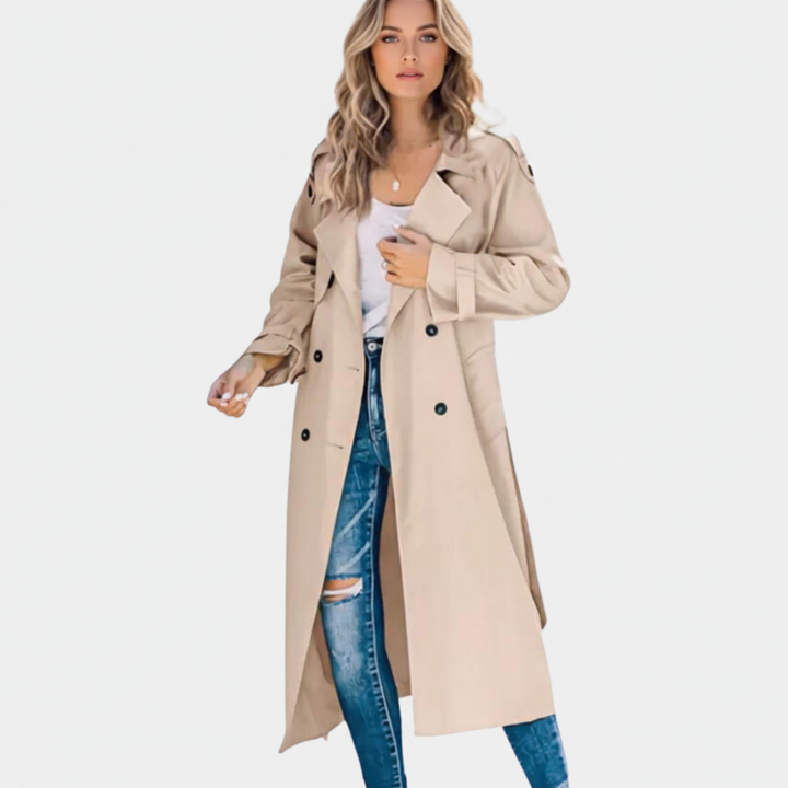 Klassisk lång Fiona trenchcoat för dam, mångsidig som ytterplagg. Idealisk för elegant höst- och vintermode.