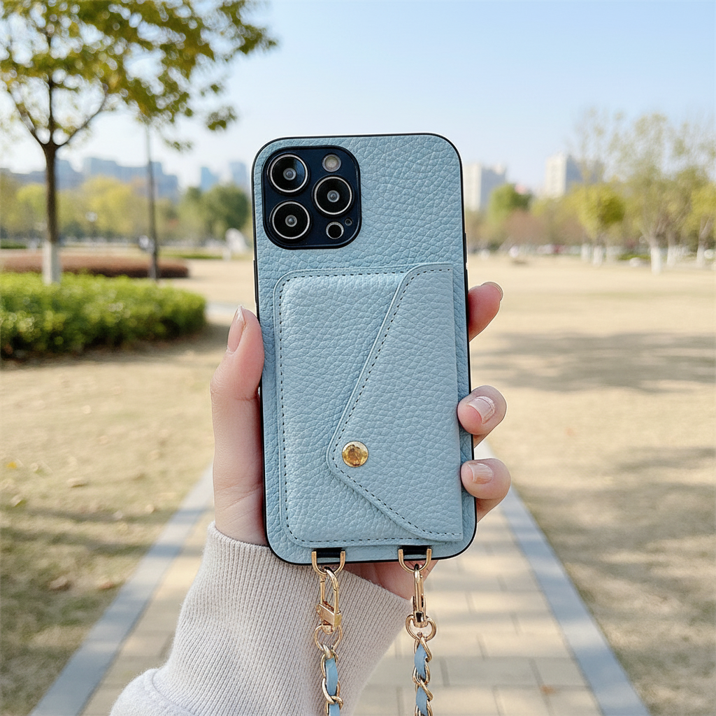 Elegant beige iPhone plånboksfodral i PU-läder med kortfack och säkert magnetlås. Stilrent skyddsfodral.