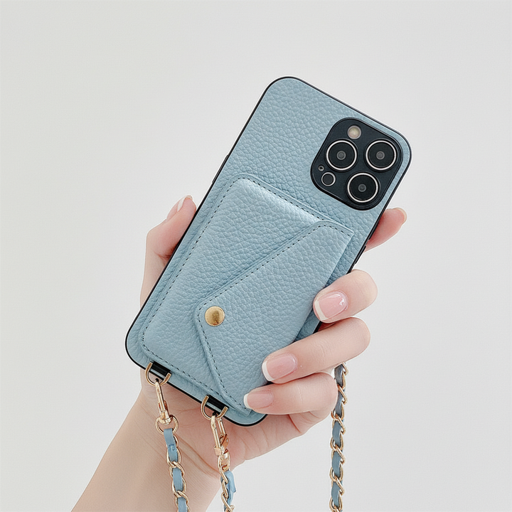 Brunt multifunktionellt iPhone plånboksfodral i PU-läder. Öppet fodral som visar kortfack och sedelfack.