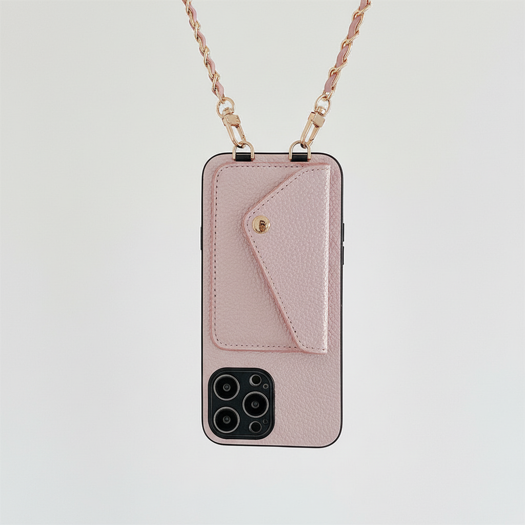 Beige iPhone plånboksfodral, öppet för att visa kortfack och PU-lädertextur. Multifunktionellt skyddsfodral.