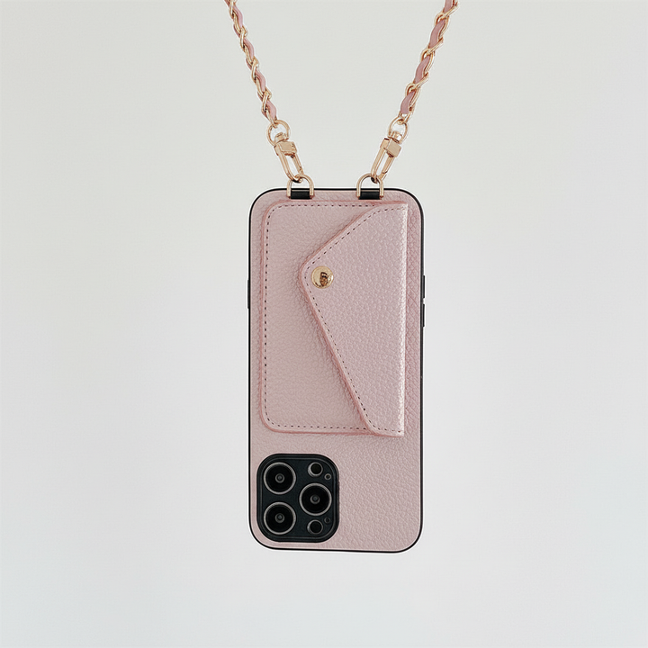 Beige iPhone plånboksfodral, öppet för att visa kortfack och PU-lädertextur. Multifunktionellt skyddsfodral.