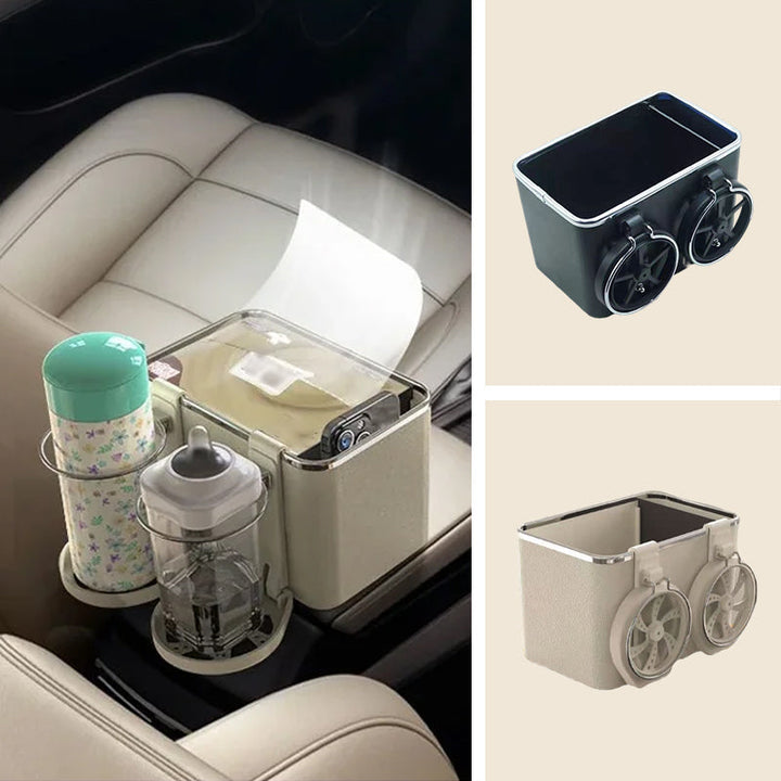 "Elegant bilarmstöd förvaringsbox i svart/beige ABS, perfekt för organisering av småsaker i bilen, matchar interiören."