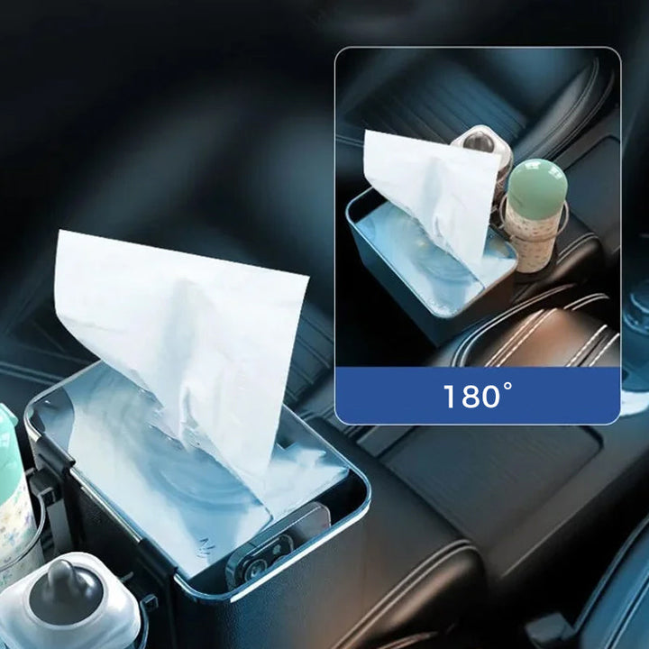 "Elegant bilarmstöd förvaringsbox i svart/beige ABS, perfekt för organisering av småsaker i bilen, matchar interiören."