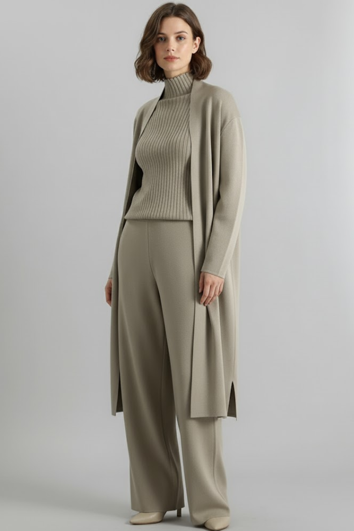Kvinnlig byxdräkt i blått med matchande blazer, en bekväm och modern kontorsstil.