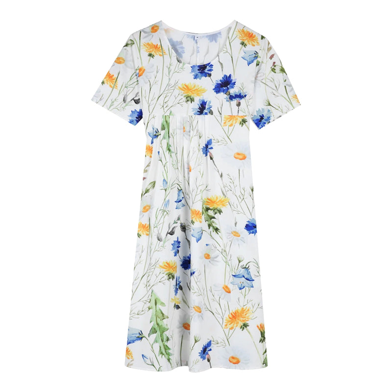 "Elegant blommig A-linje sommarklänning med rund hals i vitt, blått och gult, perfekt för sommardagar och fester."