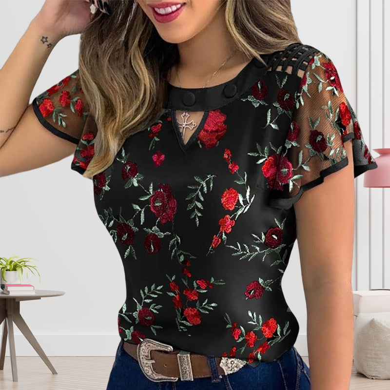 "Elegant blommig mesh topp för kvinnor, luftigt material med mönster i vit, svart blomma, blå blomma, svart daisy."