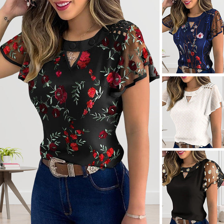 "Elegant blommig mesh topp för kvinnor, luftigt material med mönster i vit, svart blomma, blå blomma, svart daisy."