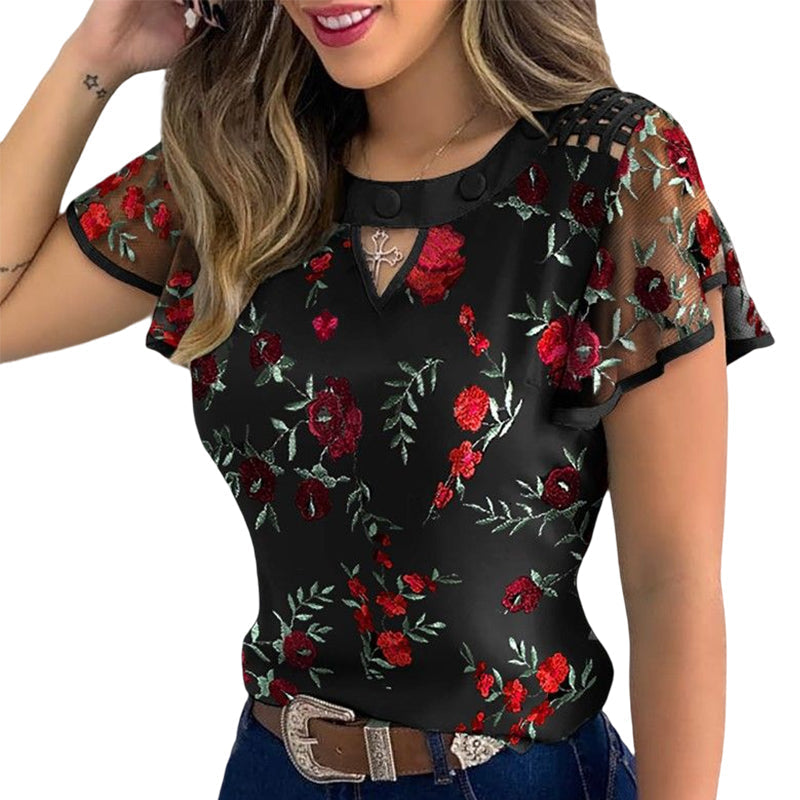 "Elegant blommig mesh topp för kvinnor, luftigt material med mönster i vit, svart blomma, blå blomma, svart daisy."