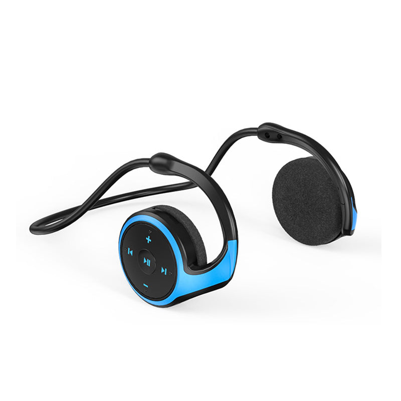 "Elegant Bluetooth-headset A23 i blått med MP3-spelare, perfekt för musikälskare. Visas från sidan."