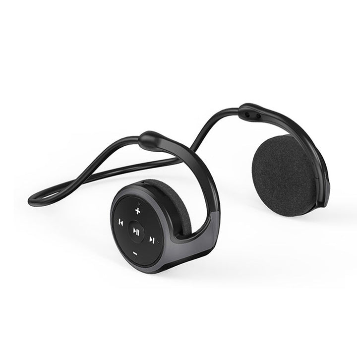 "Elegant Bluetooth-headset A23 i blått med MP3-spelare, perfekt för musikälskare. Visas från sidan."