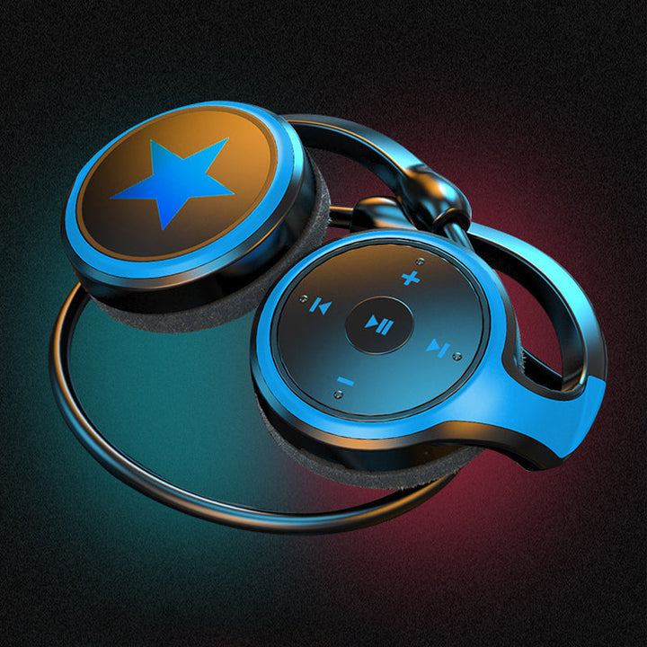 "Elegant Bluetooth-headset A23 i blått med MP3-spelare, perfekt för musikälskare. Visas från sidan."