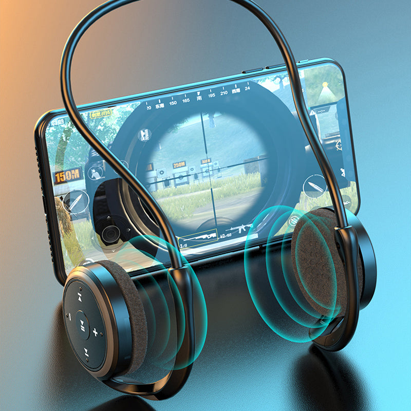 "Elegant Bluetooth-headset A23 i blått med MP3-spelare, perfekt för musikälskare. Visas från sidan."