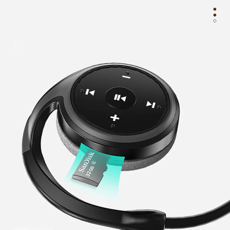 "Elegant Bluetooth-headset A23 i blått med MP3-spelare, perfekt för musikälskare. Visas från sidan."