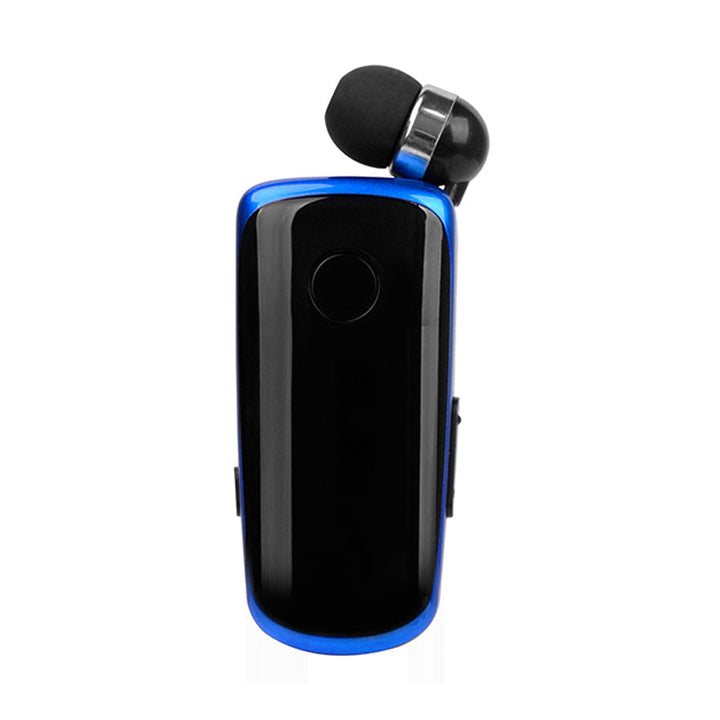 "Elegant Bluetooth-headset med krag-clip och indragbara hörsnäckor, idealiskt för handsfree-bruk och dagliga aktiviteter."