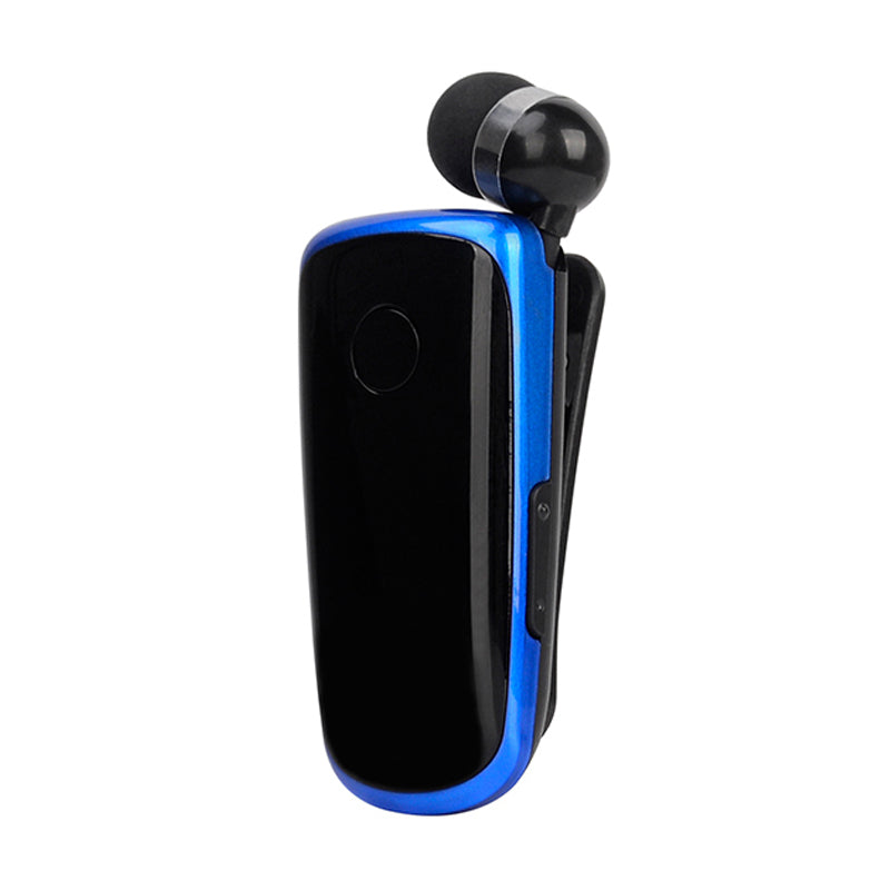 "Elegant Bluetooth-headset med krag-clip och indragbara hörsnäckor, idealiskt för handsfree-bruk och dagliga aktiviteter."