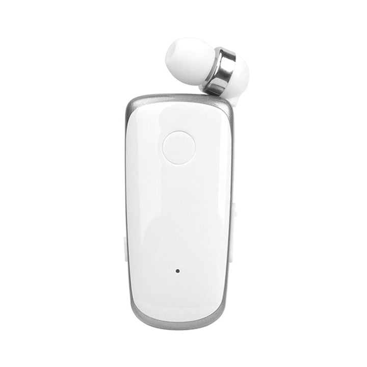 "Elegant Bluetooth-headset med krag-clip och indragbara hörsnäckor, idealiskt för handsfree-bruk och dagliga aktiviteter."