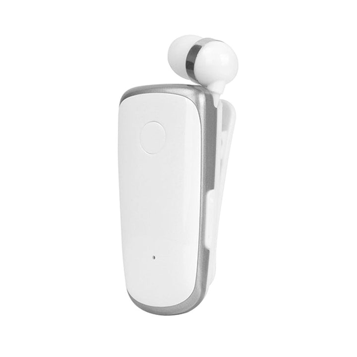 "Elegant Bluetooth-headset med krag-clip och indragbara hörsnäckor, idealiskt för handsfree-bruk och dagliga aktiviteter."