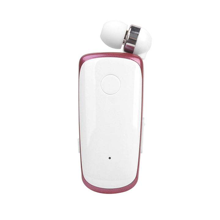 "Elegant Bluetooth-headset med krag-clip och indragbara hörsnäckor, idealiskt för handsfree-bruk och dagliga aktiviteter."