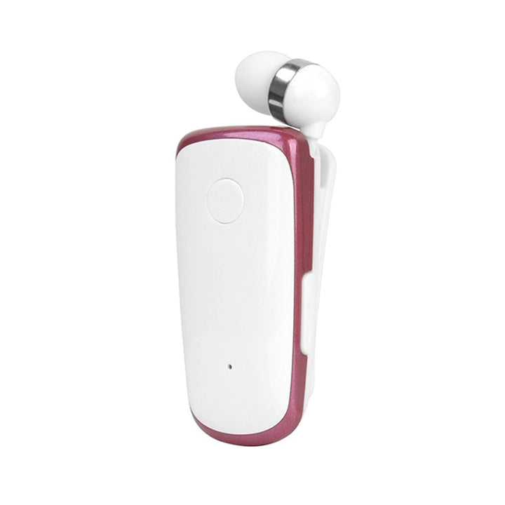 "Elegant Bluetooth-headset med krag-clip och indragbara hörsnäckor, idealiskt för handsfree-bruk och dagliga aktiviteter."