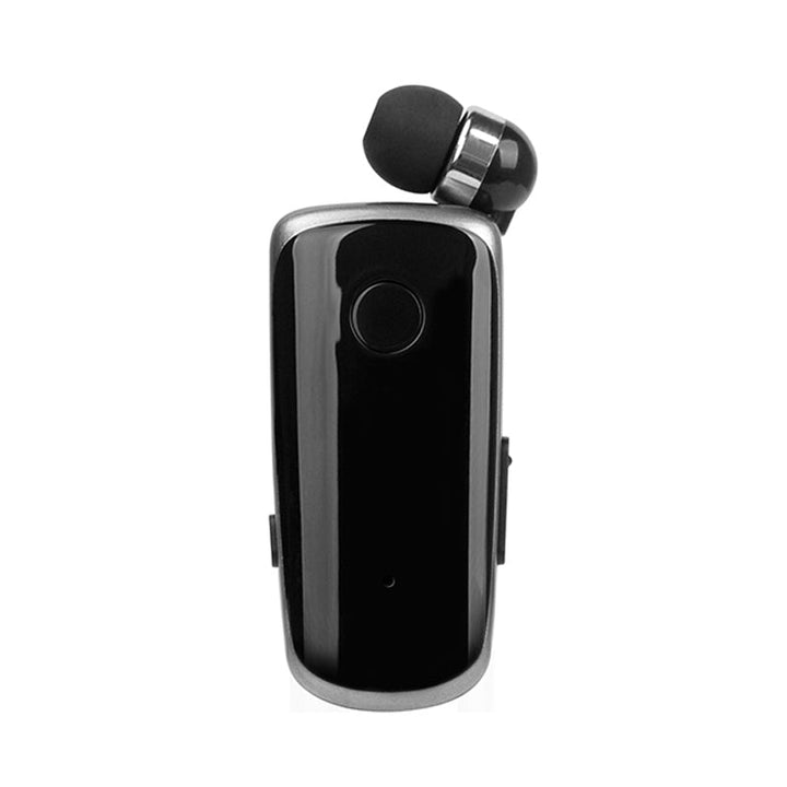 "Elegant Bluetooth-headset med krag-clip och indragbara hörsnäckor, idealiskt för handsfree-bruk och dagliga aktiviteter."