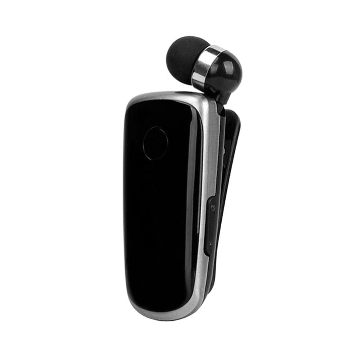 "Elegant Bluetooth-headset med krag-clip och indragbara hörsnäckor, idealiskt för handsfree-bruk och dagliga aktiviteter."
