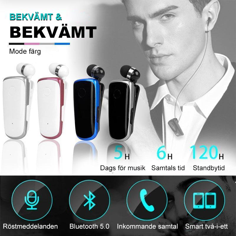 "Elegant Bluetooth-headset med krag-clip och indragbara hörsnäckor, idealiskt för handsfree-bruk och dagliga aktiviteter."