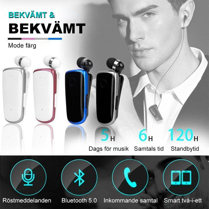 "Elegant Bluetooth-headset med krag-clip och indragbara hörsnäckor, idealiskt för handsfree-bruk och dagliga aktiviteter."