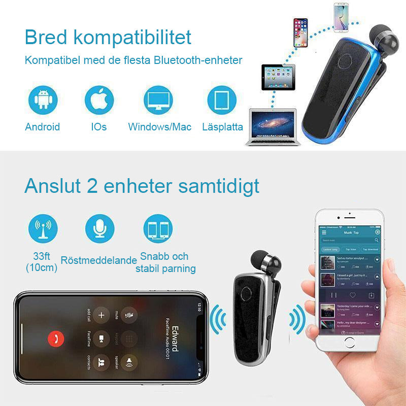 "Elegant Bluetooth-headset med krag-clip och indragbara hörsnäckor, idealiskt för handsfree-bruk och dagliga aktiviteter."